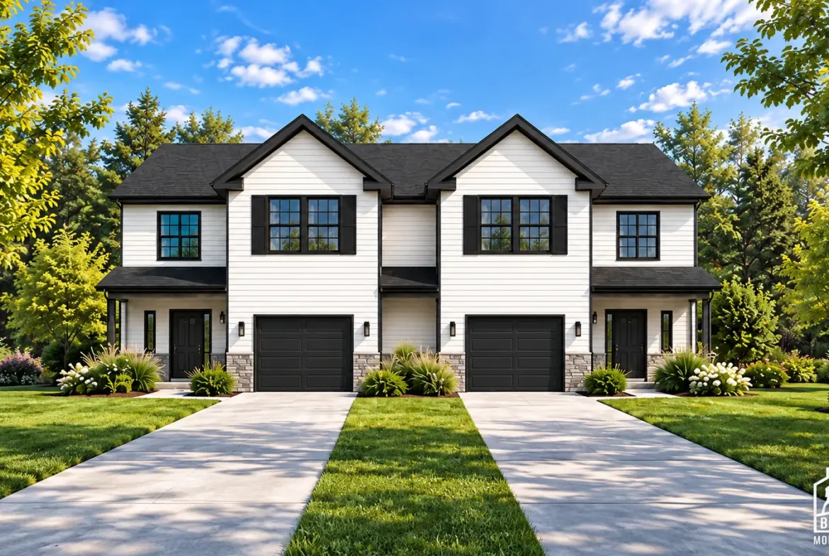 Ridgeland modular duplex with white siding and black garage doors
