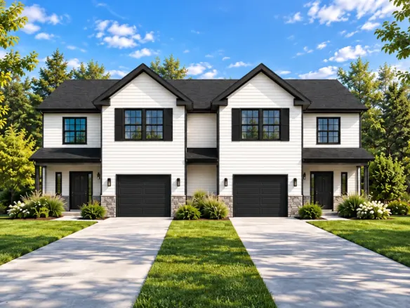 Ridgeland modular duplex with white siding and black garage doors