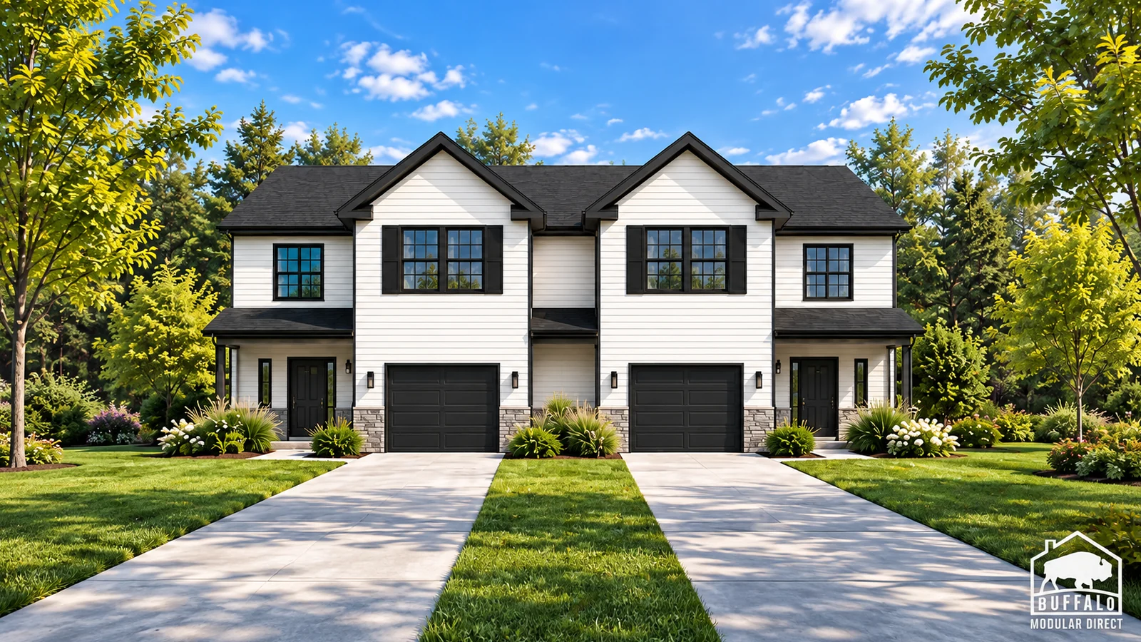 Ridgeland modular duplex with white siding and black garage doors