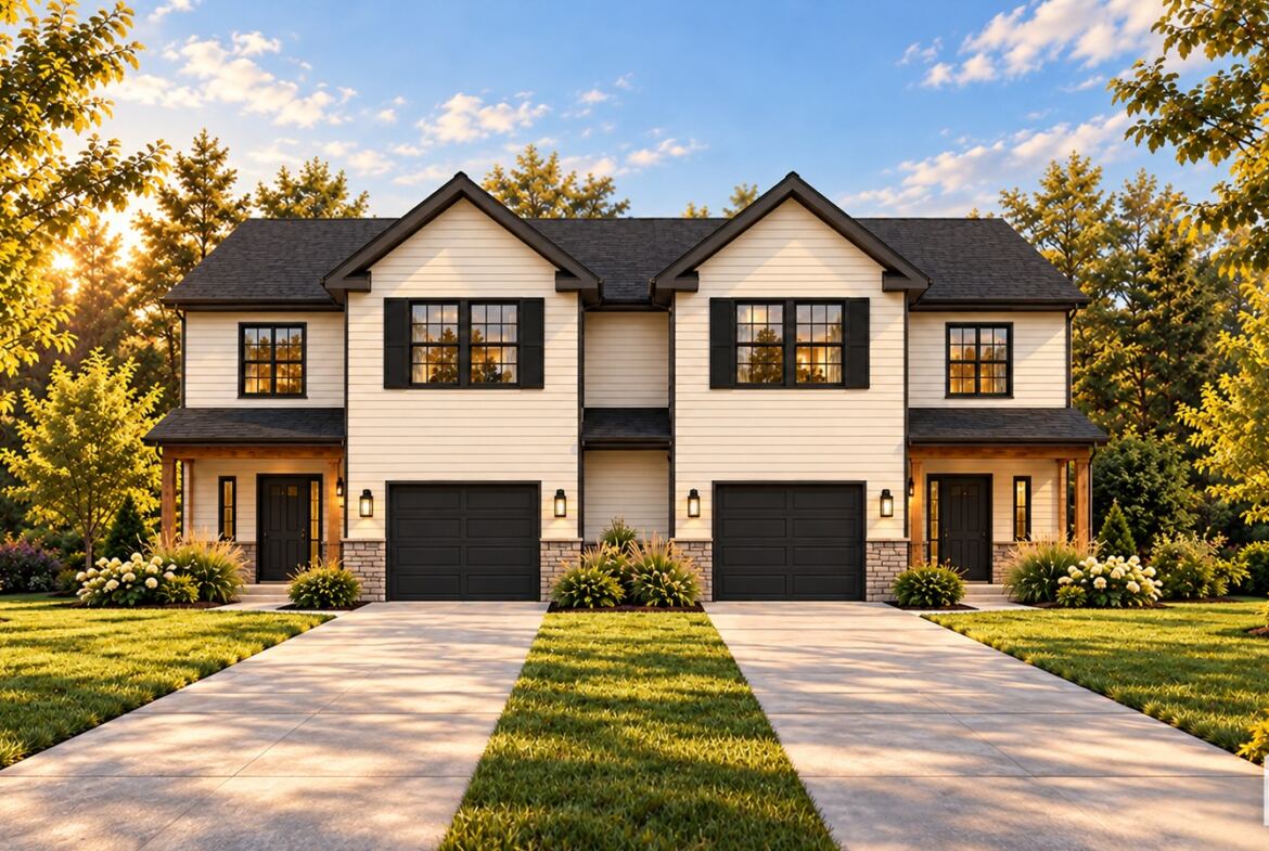 Ridgeland modular duplex in warm ivory, front view