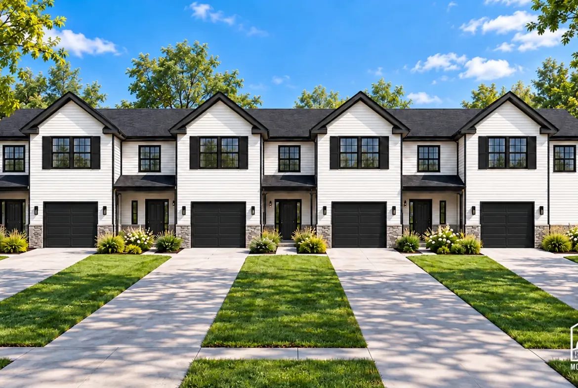 Ridgeland modular fourplex townhouse row in black and white