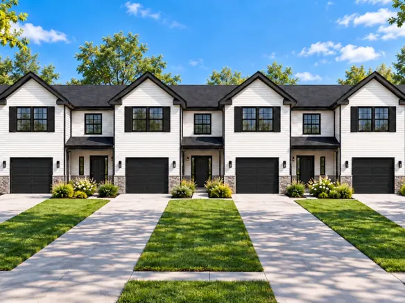 Ridgeland modular fourplex townhouse row in black and white