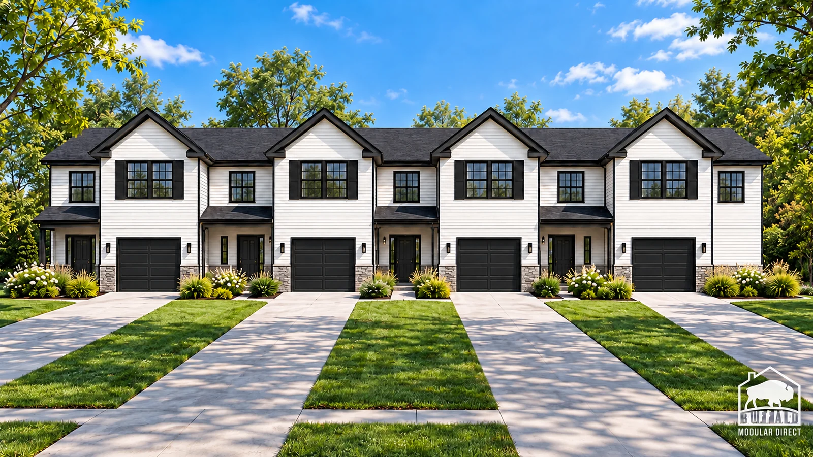 Ridgeland modular fourplex townhouse row in black and white