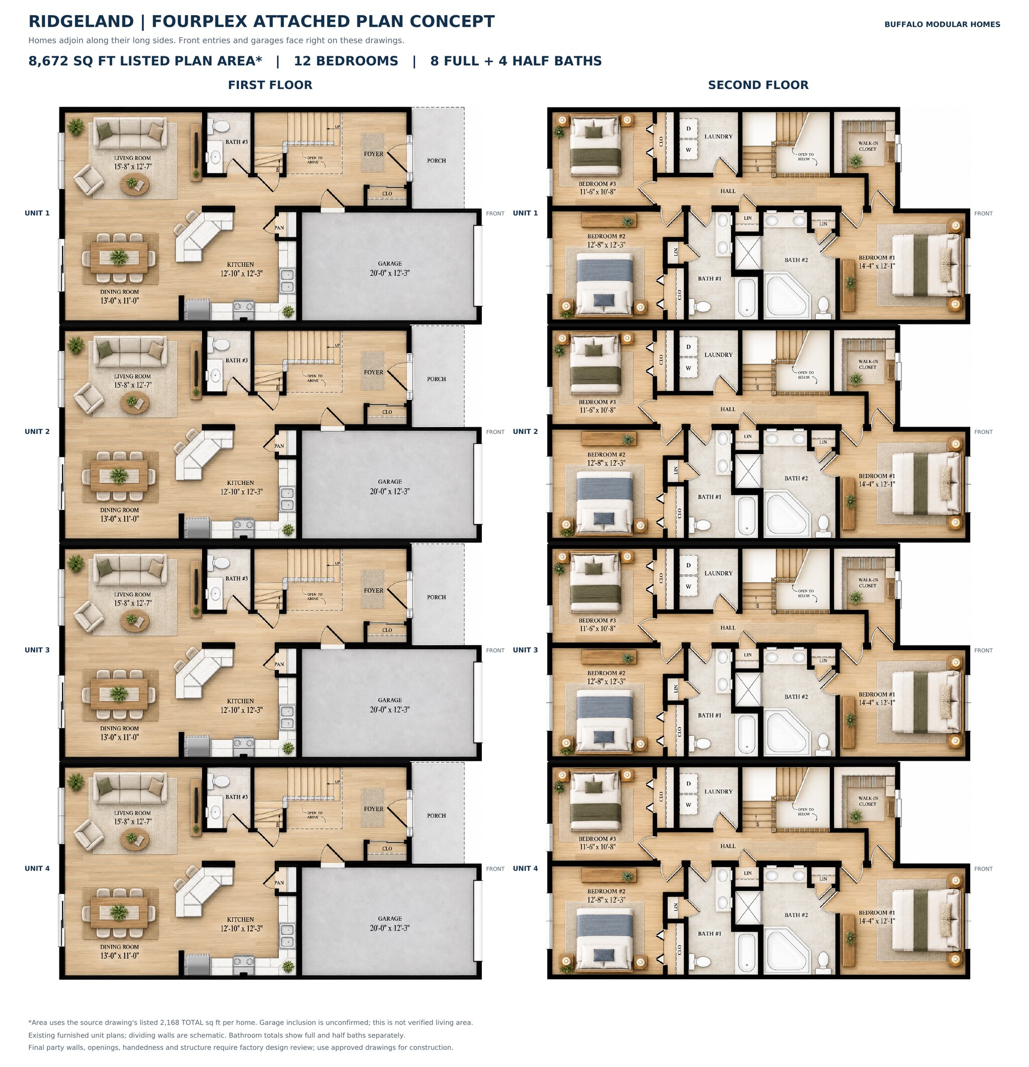Ridgeland modular fourplex first and second floor plans