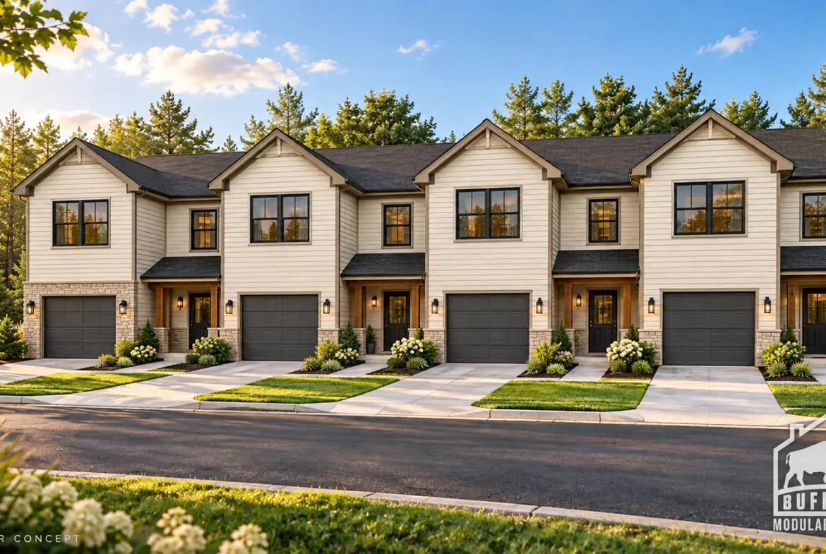 Ridgeland modular fourplex townhouse row in warm ivory