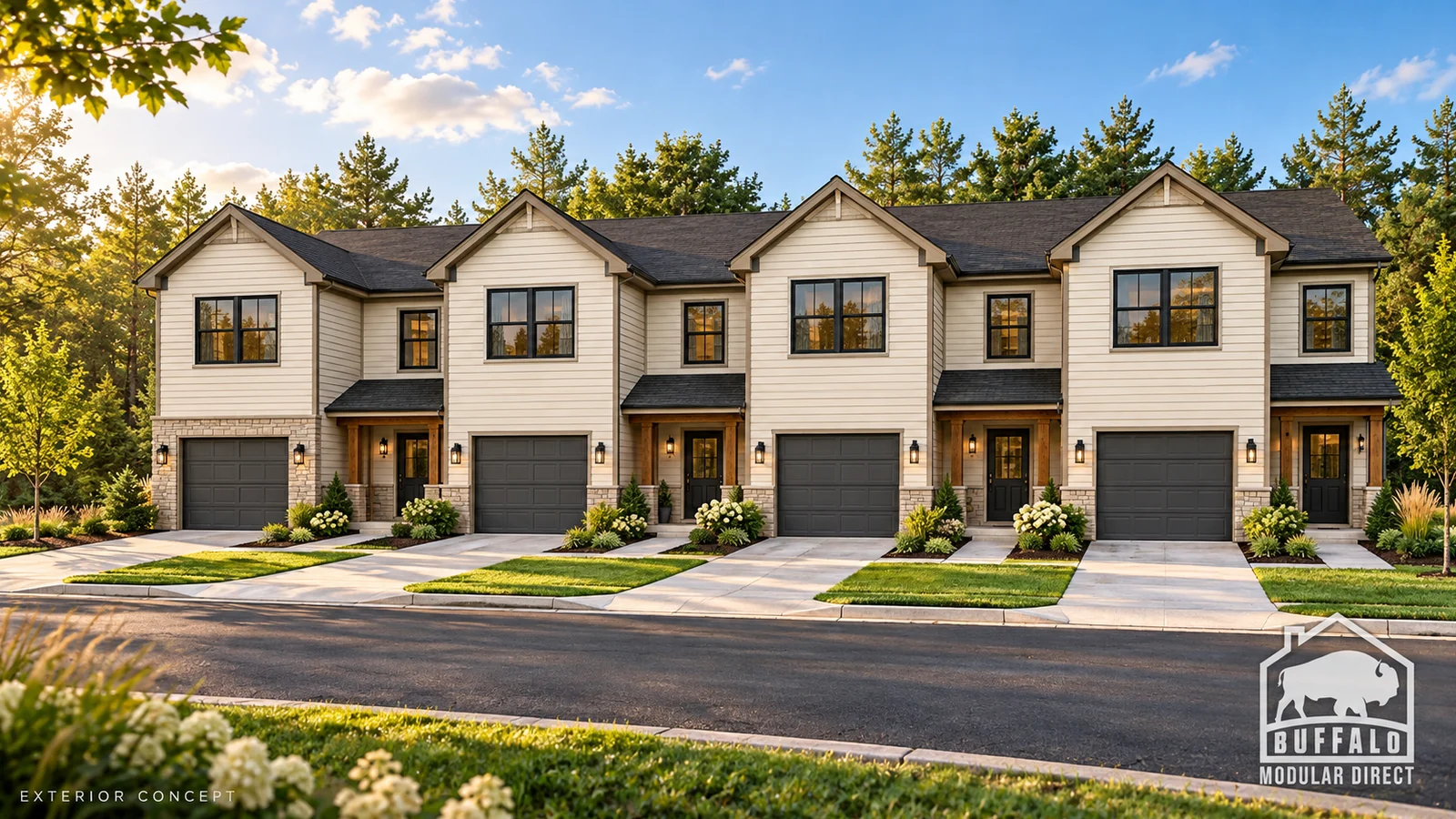 Ridgeland modular fourplex townhouse row in warm ivory