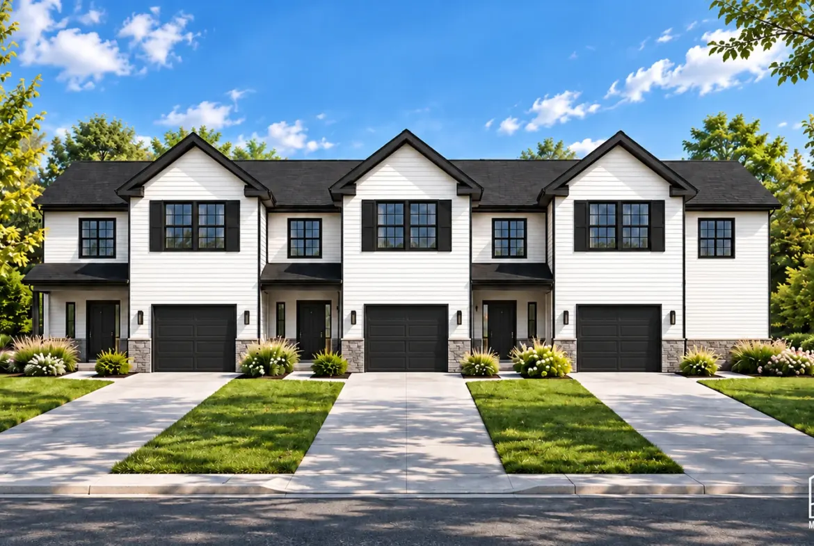 Ridgeland modular triplex with white siding and black windows