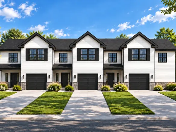 Ridgeland modular triplex with white siding and black windows