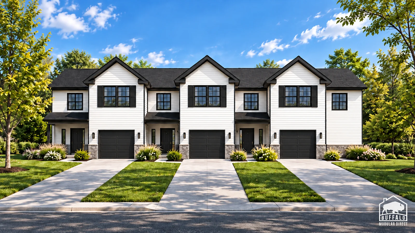 Ridgeland modular triplex with white siding and black windows