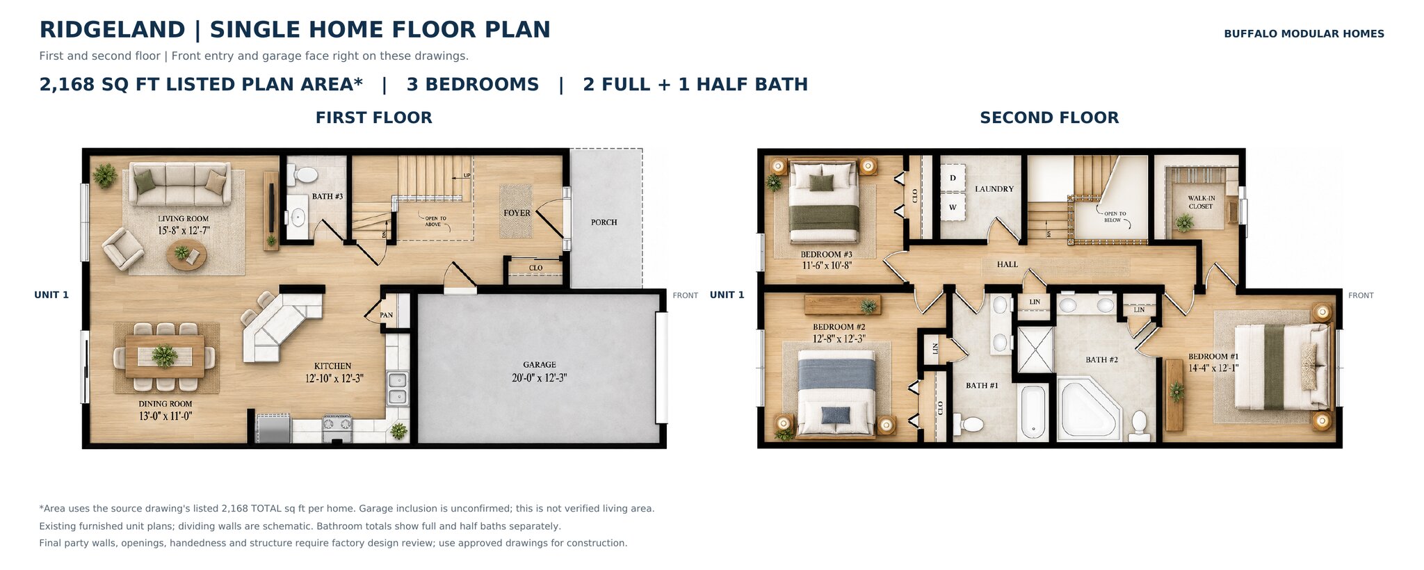 Ridgeland single home first and second floor plan, 3 bedrooms and 2.5 baths