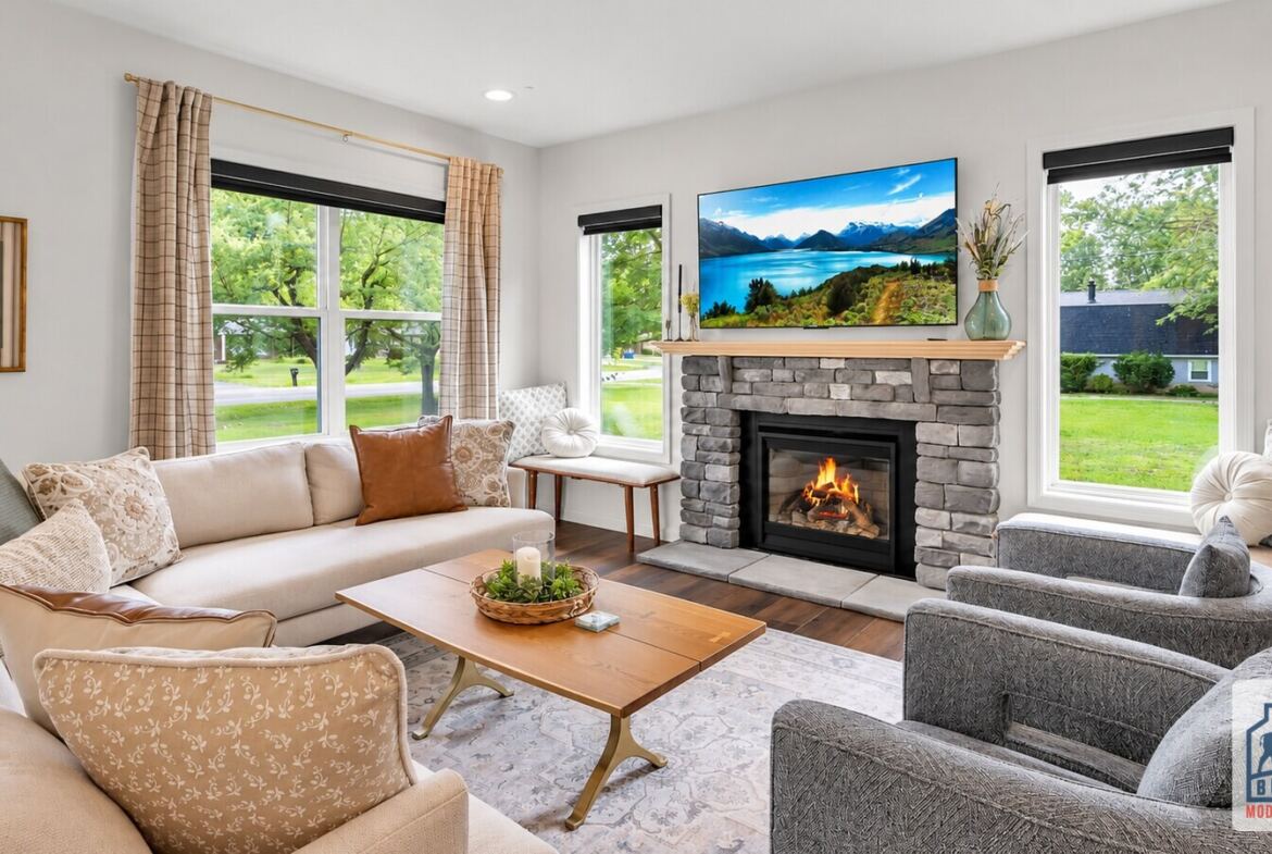 Modern Farmhouse modular home living room fireplace
