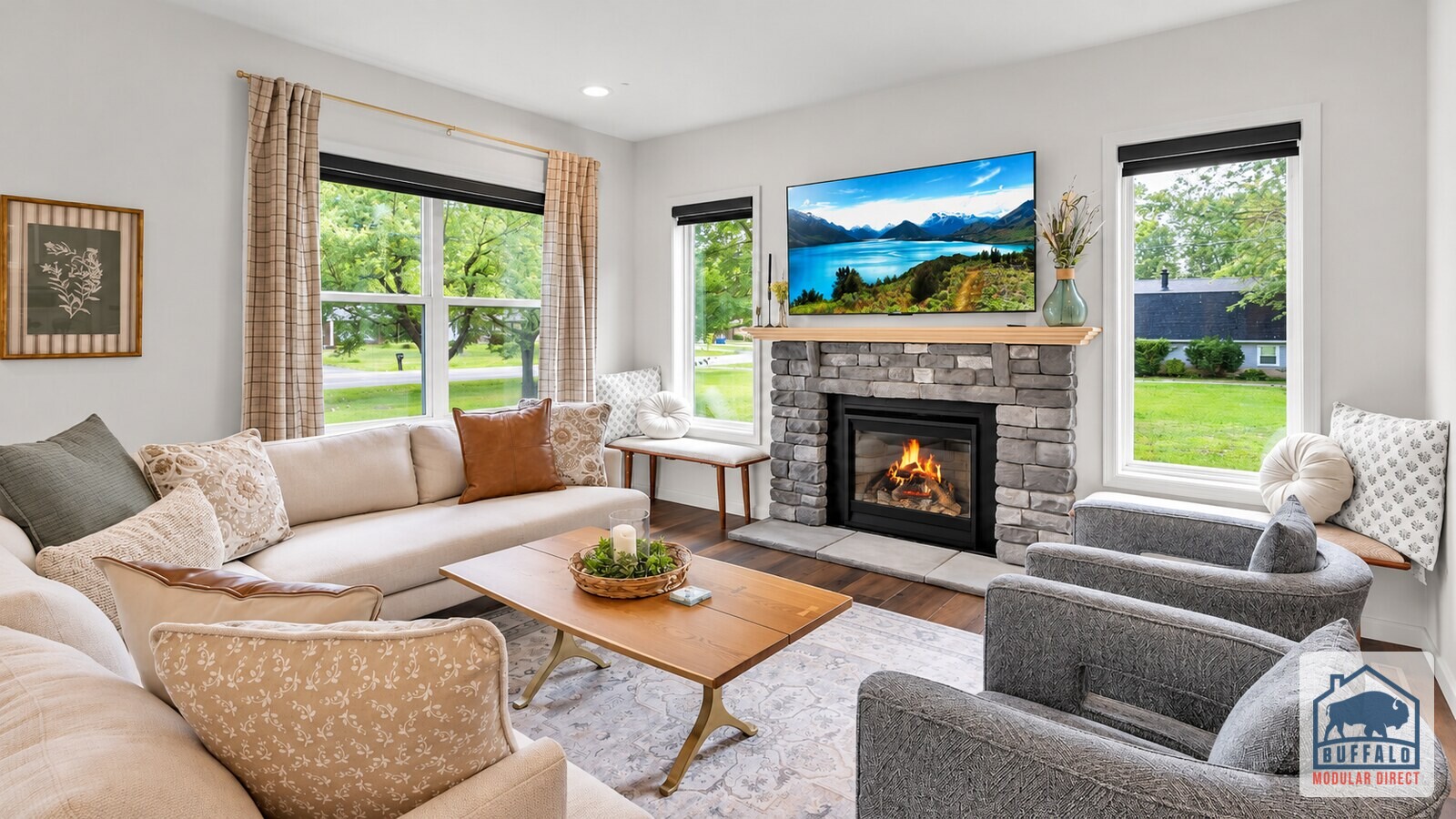 Modern Farmhouse modular home living room fireplace