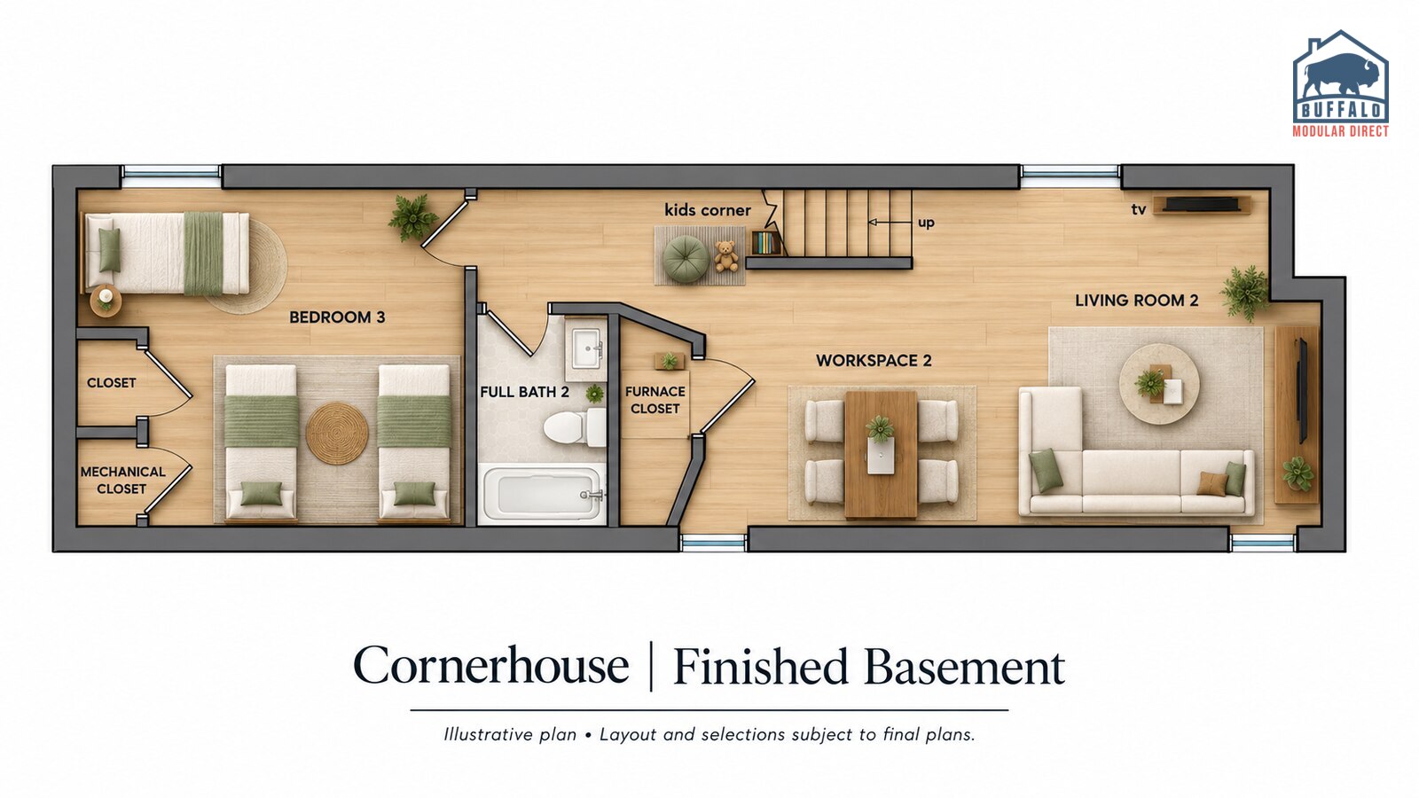 Cornerhouse finished basement floor plan, furnished