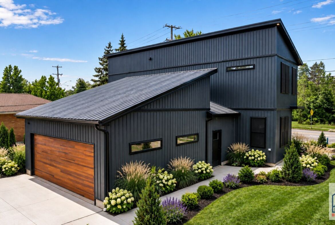 Cornerhouse attached two-car garage with wood accents