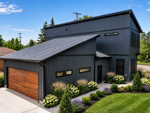 Cornerhouse attached two-car garage with wood accents