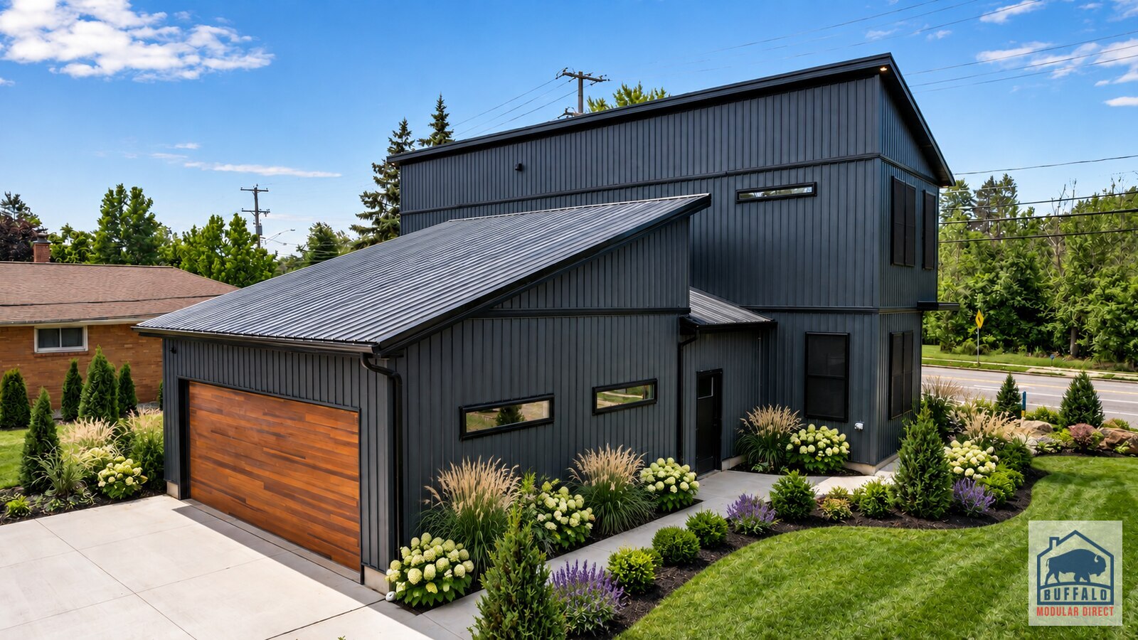 Cornerhouse attached two-car garage with wood accents