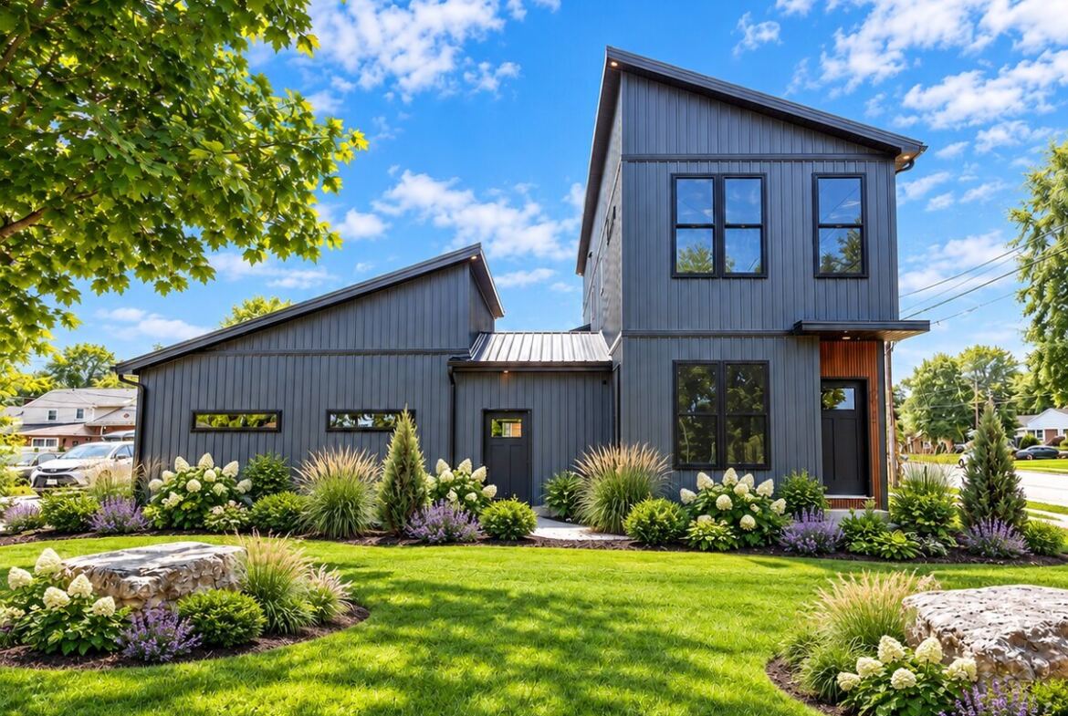 Cornerhouse modern modular home exterior with dark siding