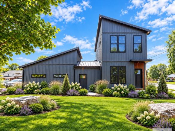 Cornerhouse modern modular home exterior with dark siding