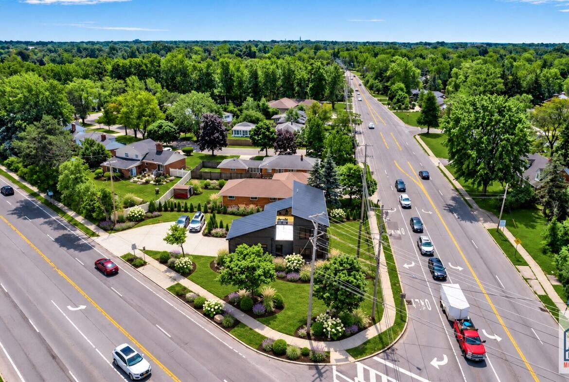 Aerial view of the Cornerhouse modular home and neighborhood