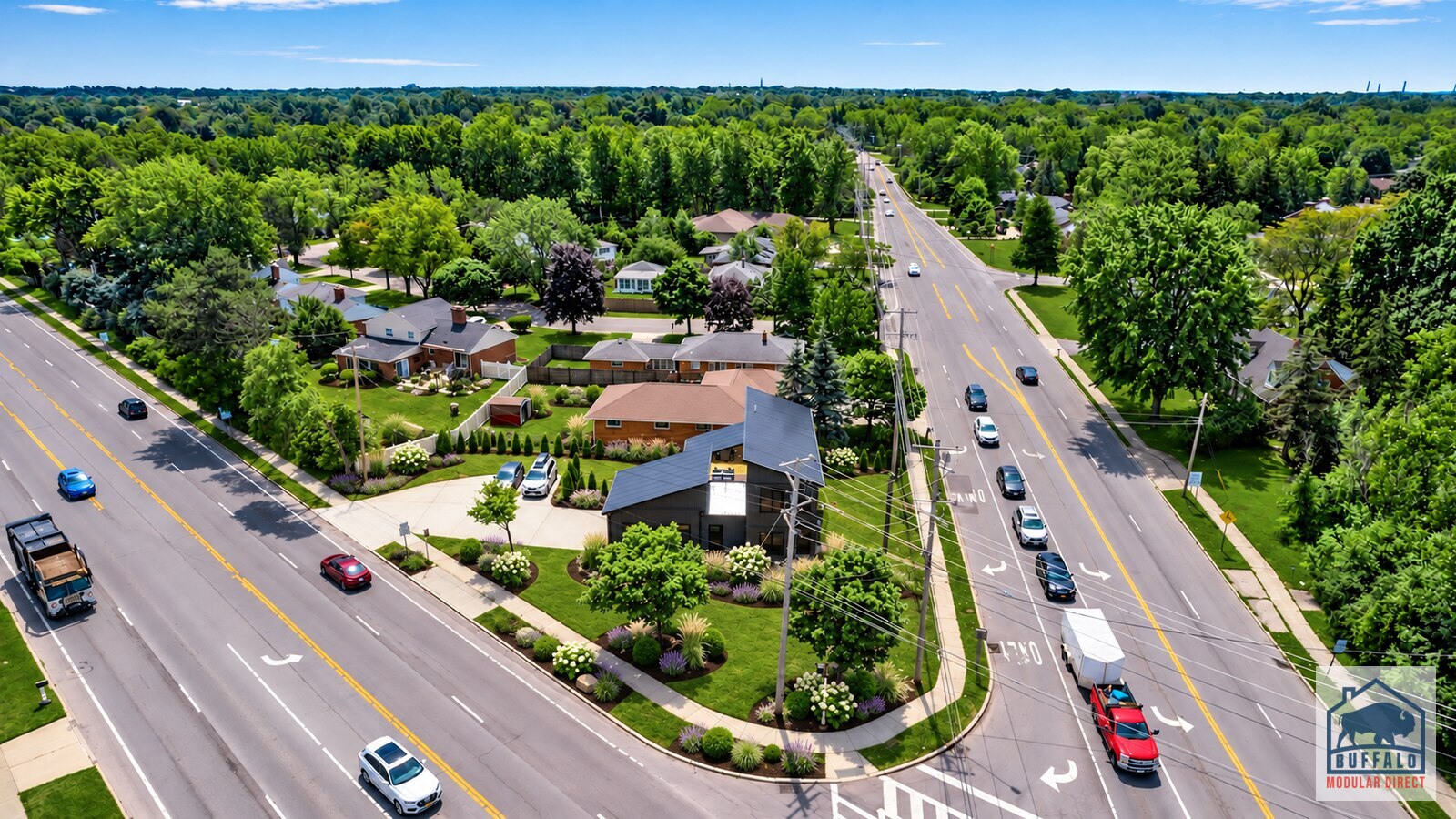 Aerial view of the Cornerhouse modular home and neighborhood