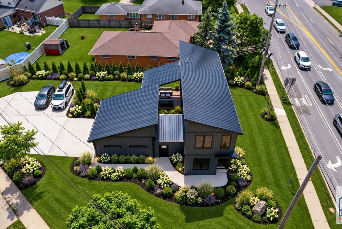 Overhead aerial view of the Cornerhouse modular home