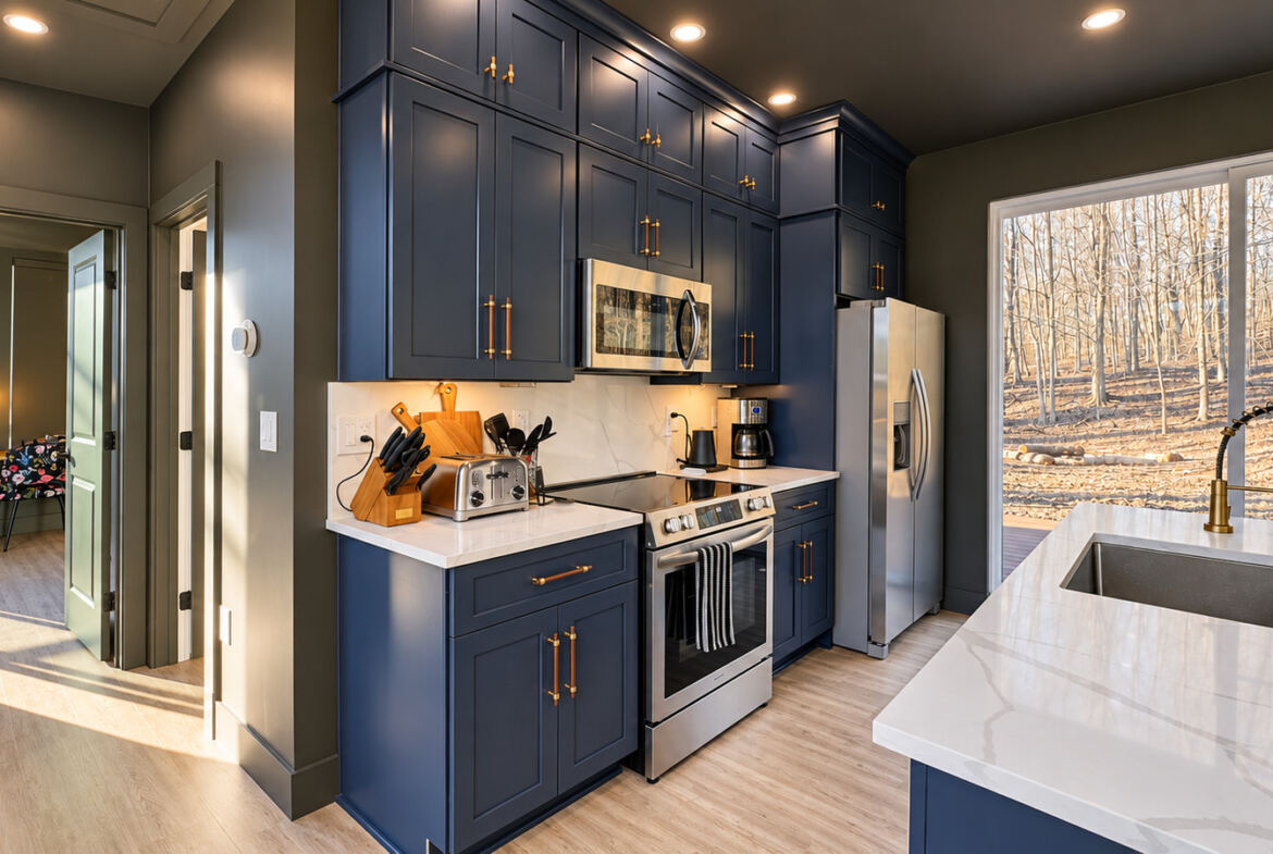 Modern Maples dark kitchen cabinets with quartz countertops