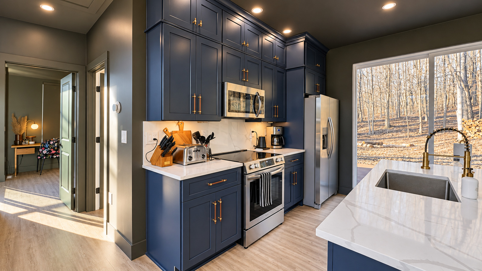 Modern Maples dark kitchen cabinets with quartz countertops