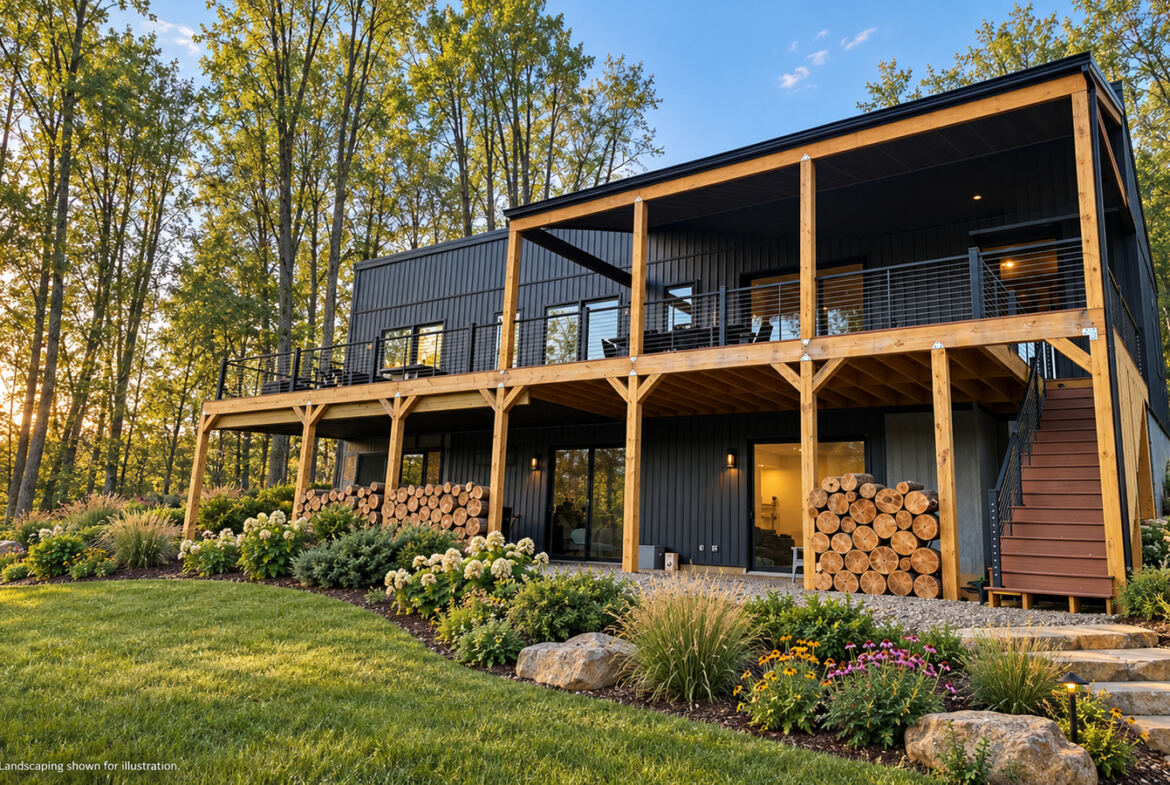 Modern Maples modular home with black siding and landscaping