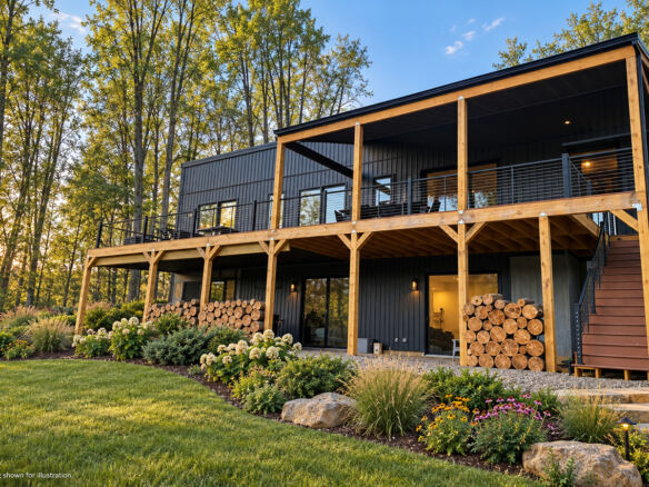 Modern Maples modular home with black siding and landscaping