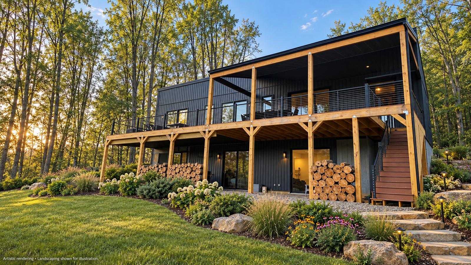 Modern Maples modular home with black siding and landscaping