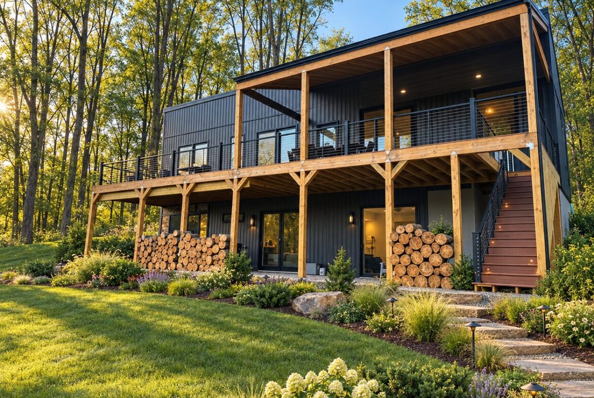 Modern Maples modern modular home front rendering, Ellicottville NY