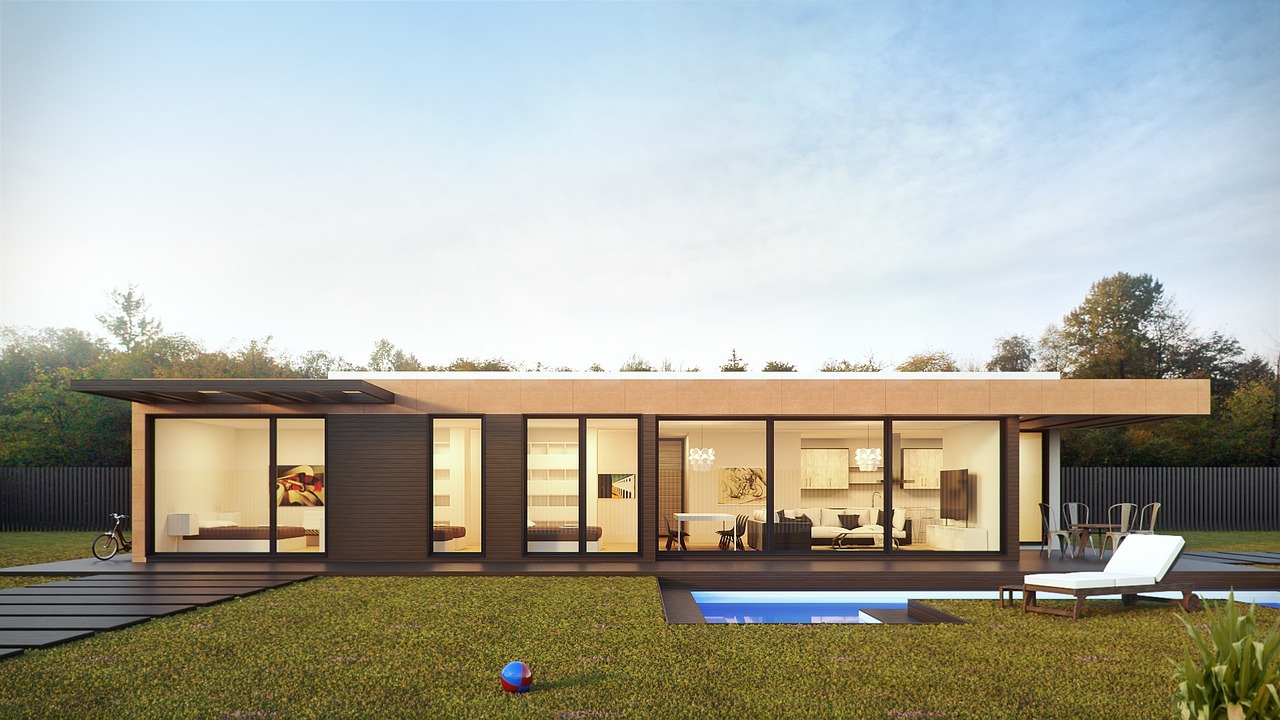 Rendering of Grand Prairie factory built modular home with flat roof and loads of windows for a modern design