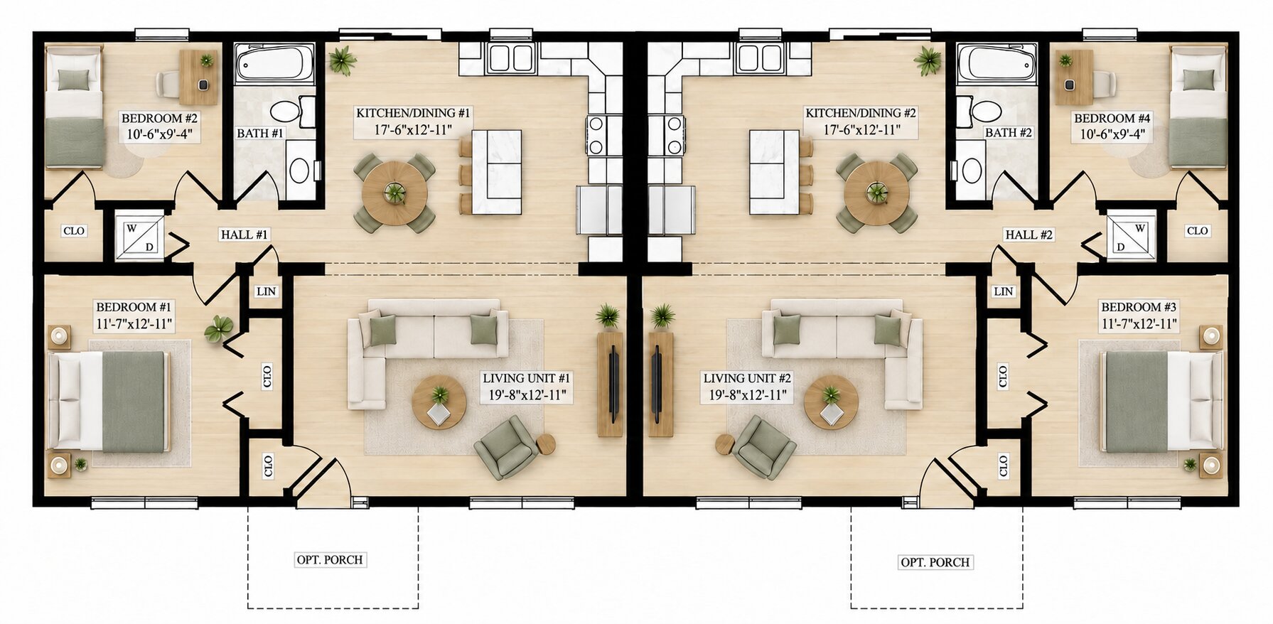 Parkview modular duplex furnished floor plan, two 963 sq ft apartments