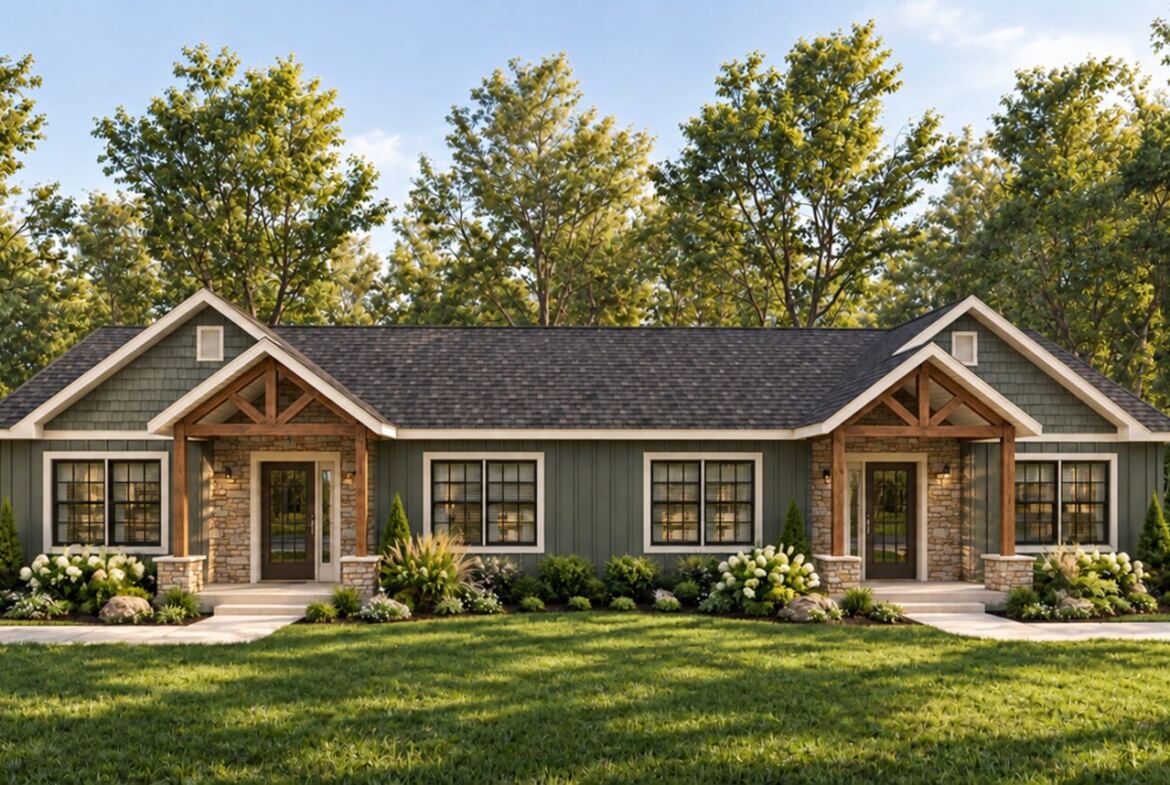 Parkview modular duplex in sage green, wide exterior view