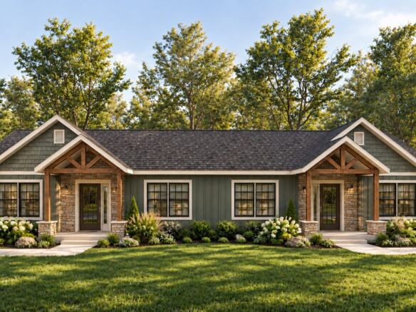 Parkview modular duplex in sage green, wide exterior view