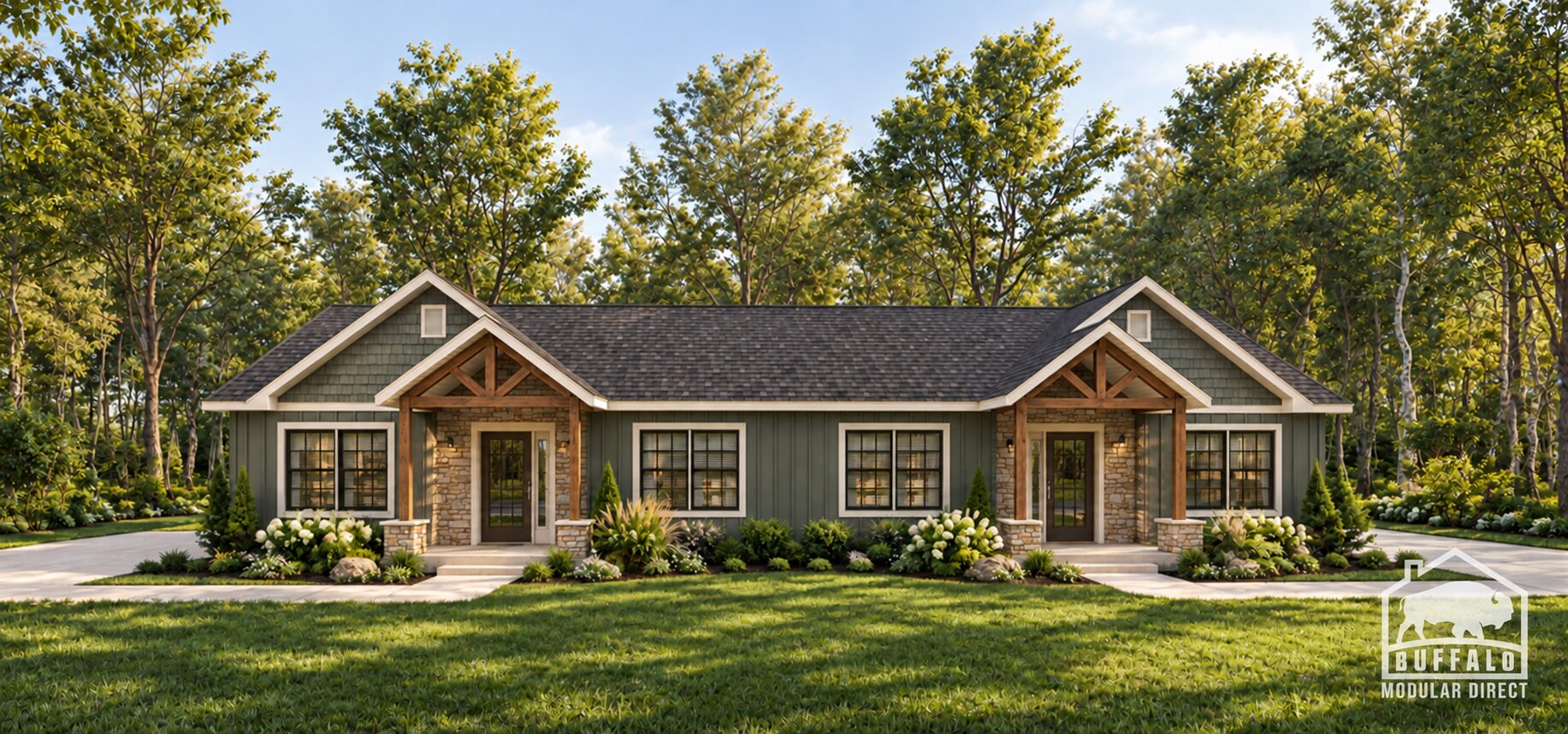 Parkview modular duplex in sage green, wide exterior view