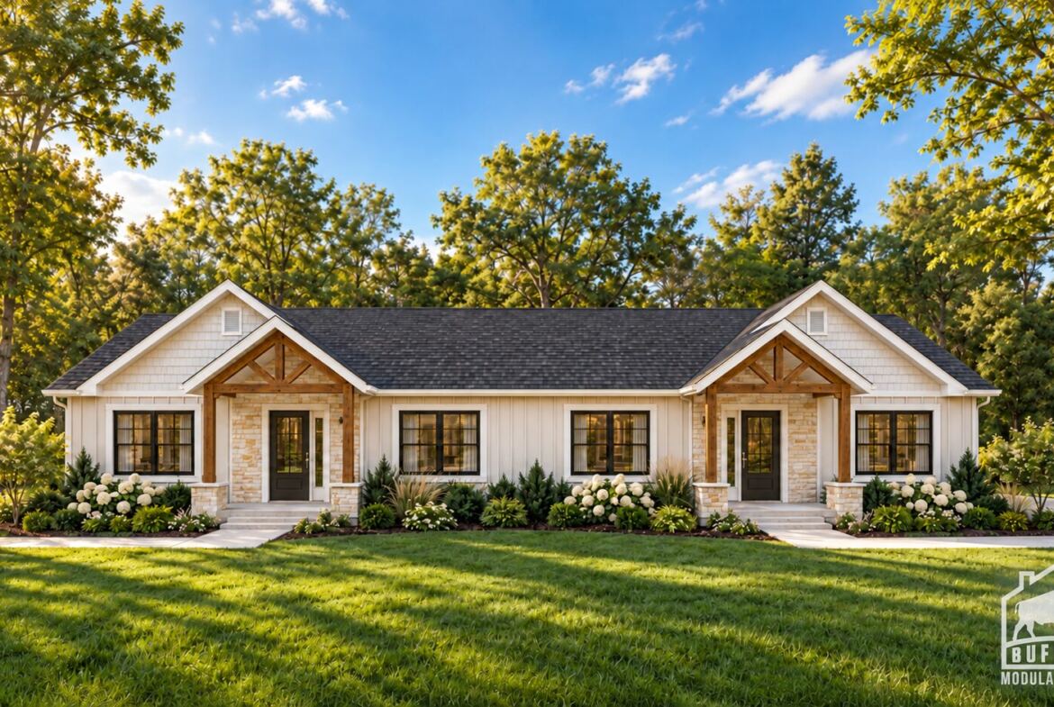 Parkview modular duplex in warm white with gabled entrances