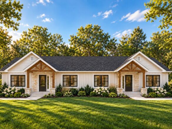 Parkview modular duplex in warm white with gabled entrances