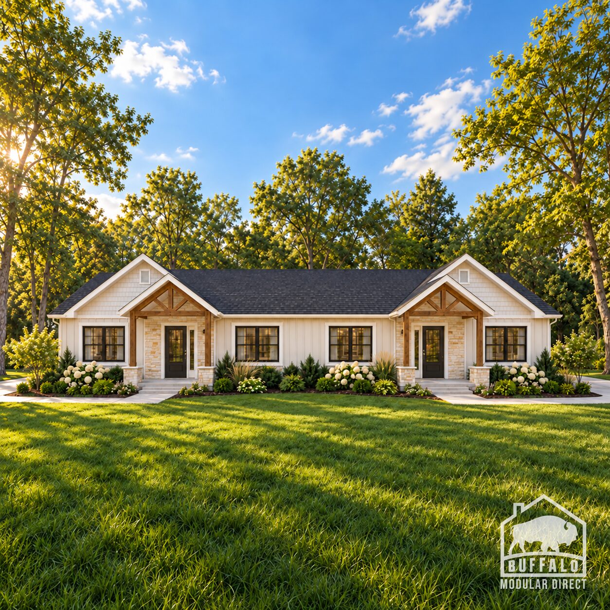 Parkview modular duplex exterior in warm white