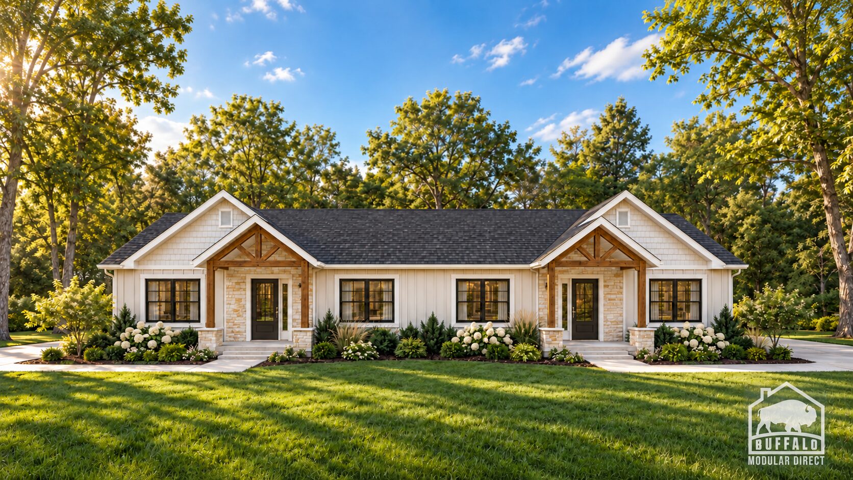 Parkview modular duplex in warm white with gabled entrances