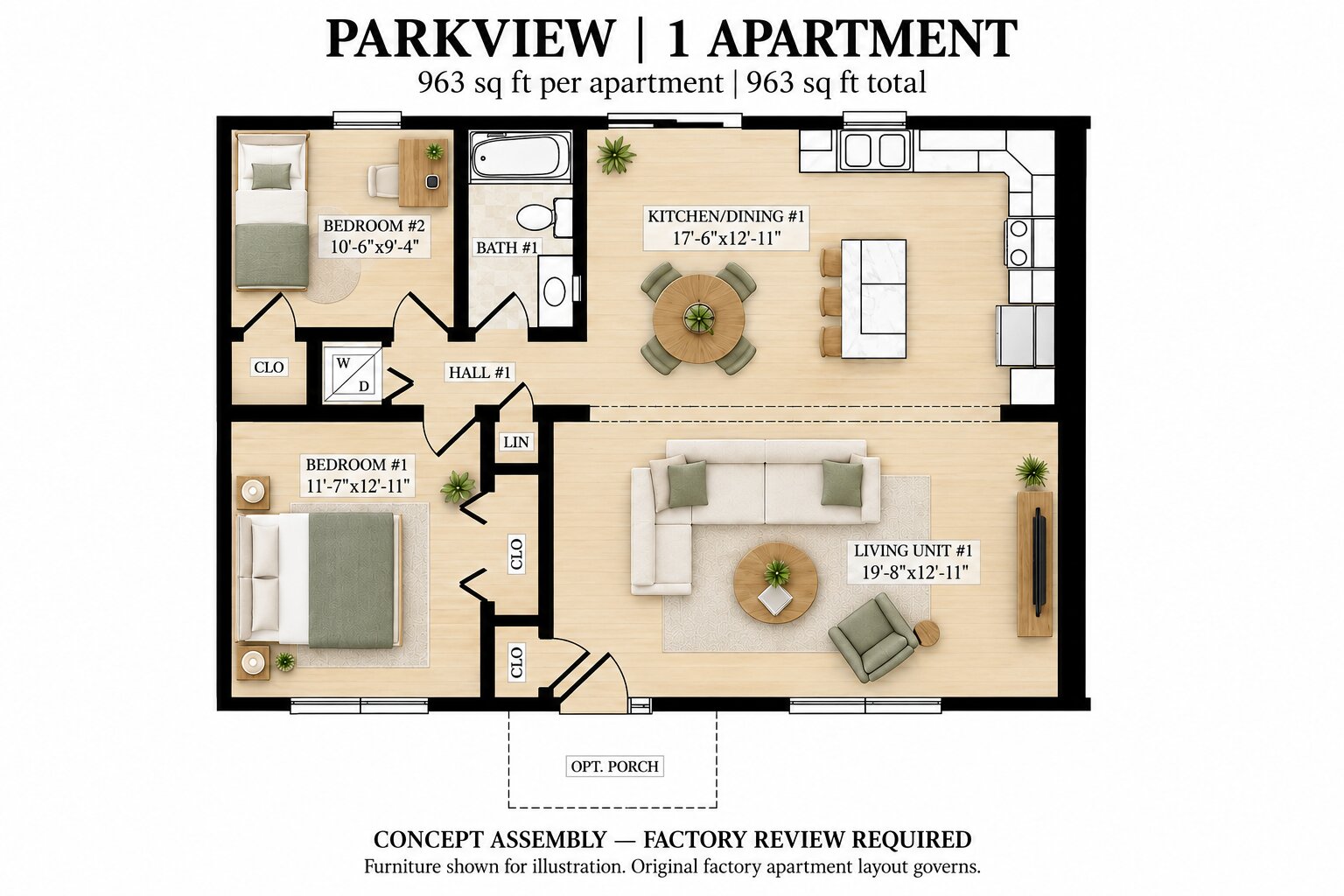 Parkview single modular home floor plan with 2 bedrooms and 1 bath