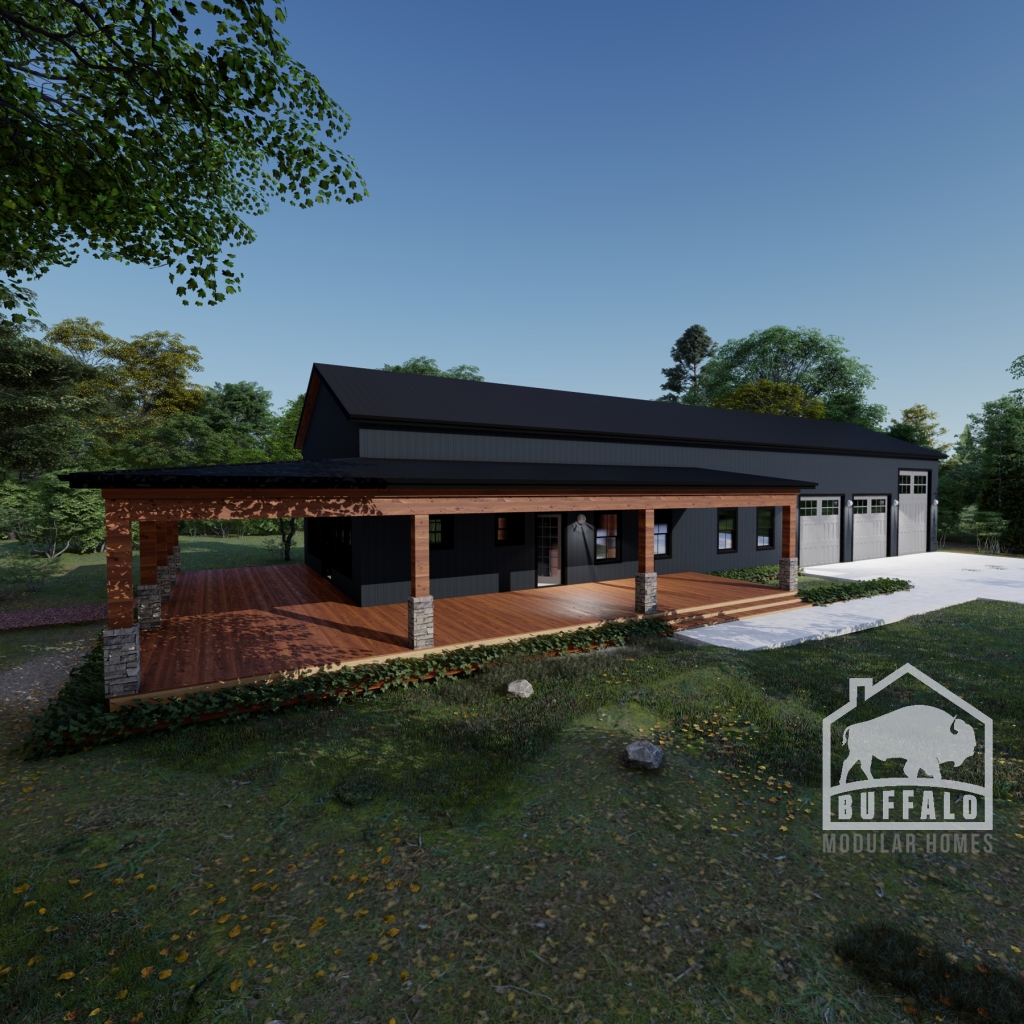 prefab barndominium designed with large front porch and attached garage