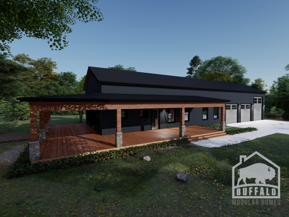 prefab barndominium designed with large front porch and attached garage