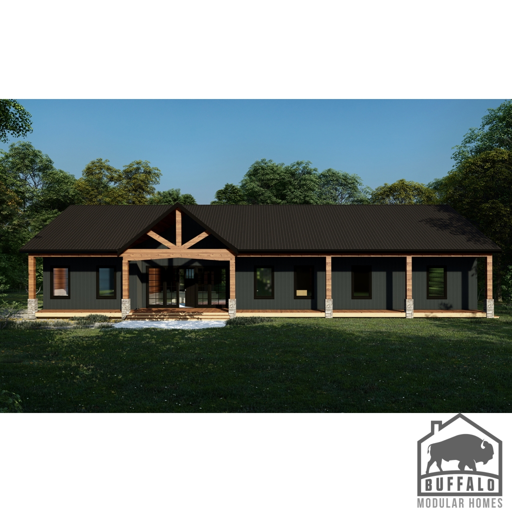 prefab barndominium designed with large front porch and attached garage