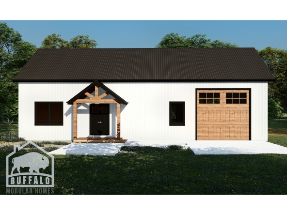 prefab barndominium designed with large front porch and attached garage