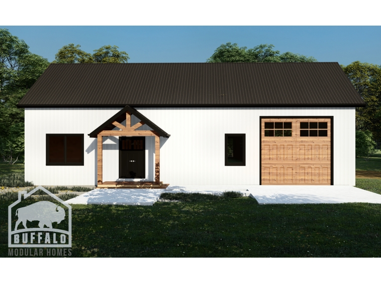 prefab barndominium designed with large front porch and attached garage