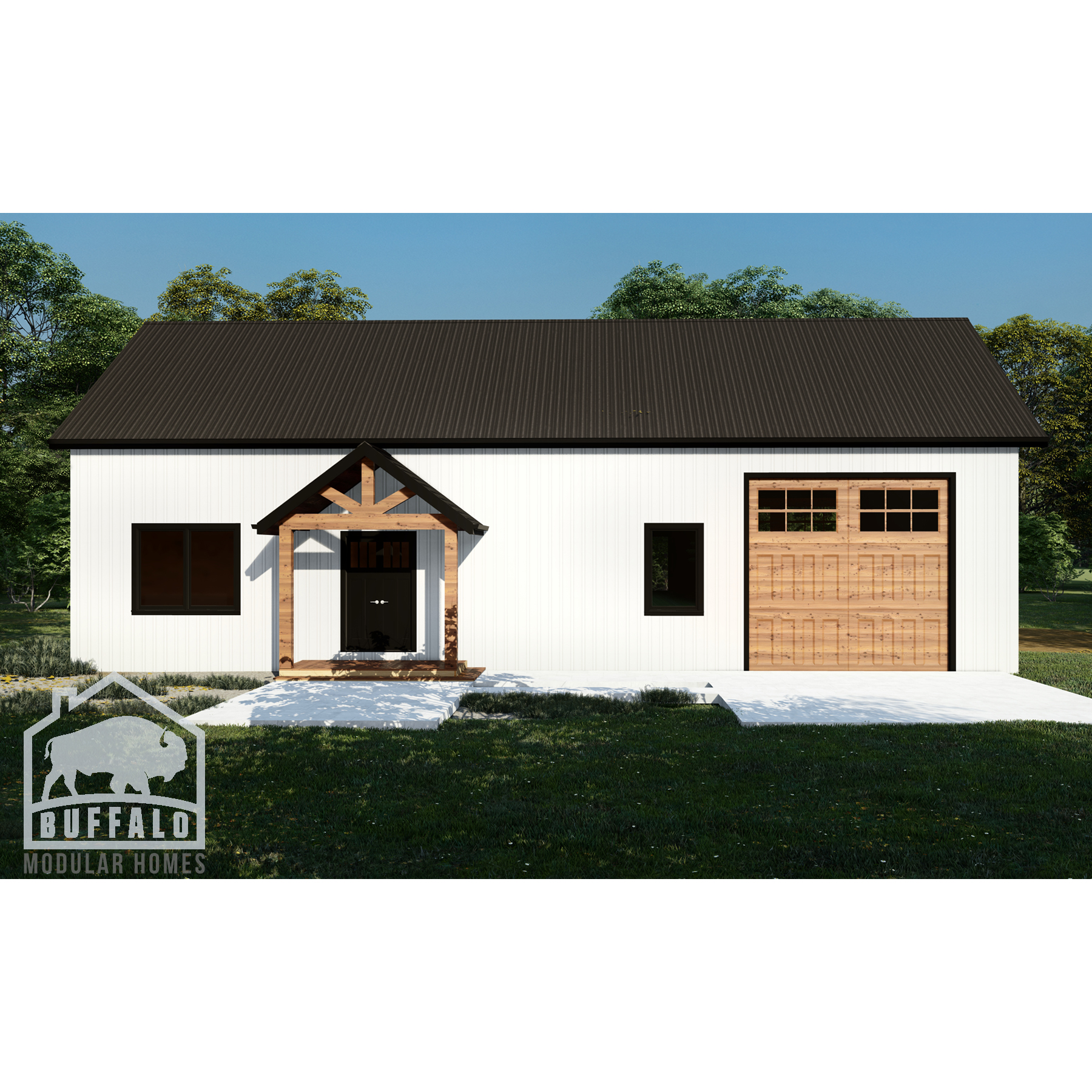 prefab barndominium designed with large front porch and attached garage