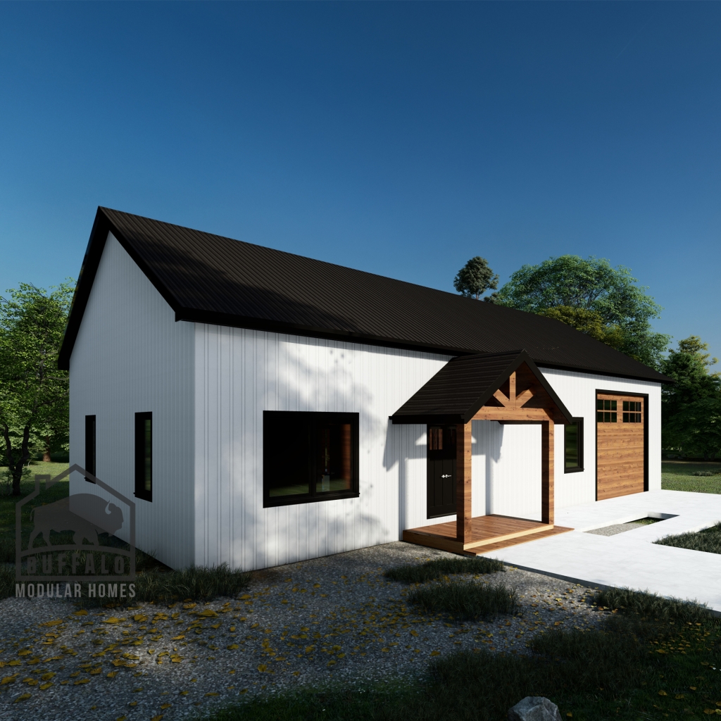 prefab barndominium designed with large front porch and attached garage