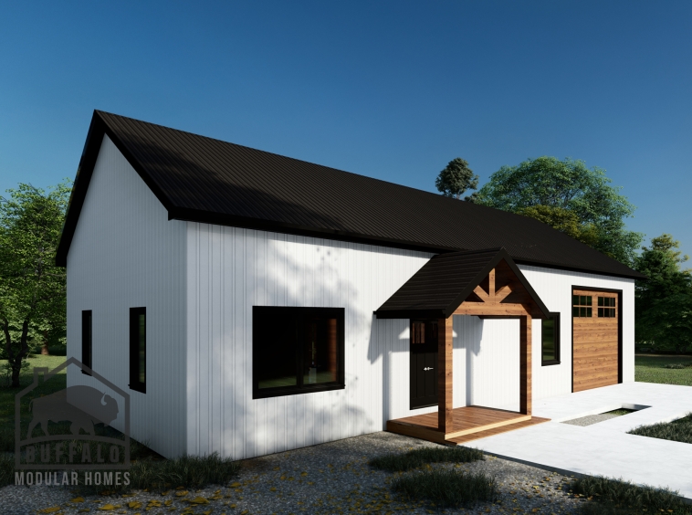 prefab barndominium designed with large front porch and attached garage