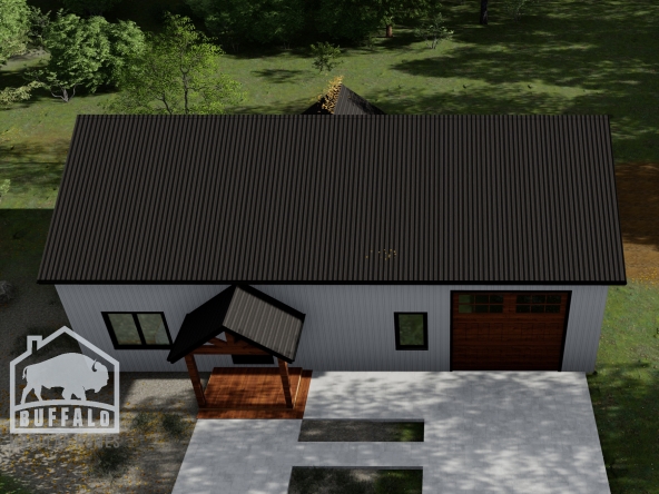 prefab barndominium designed with large front porch and attached garage